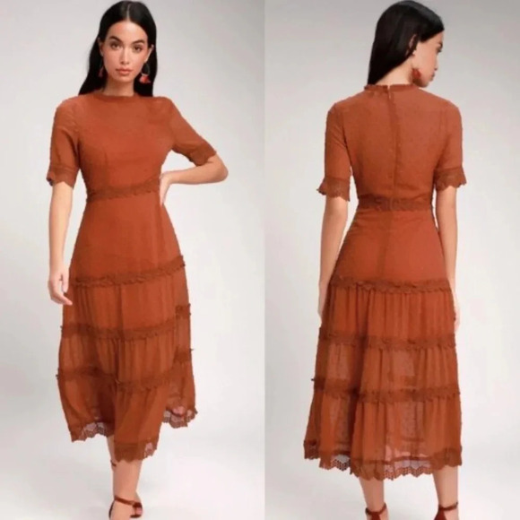 Lulu’s Dreaming of You Rust Swiss Dot Tiered Midi Dress - Picture 1 of 8